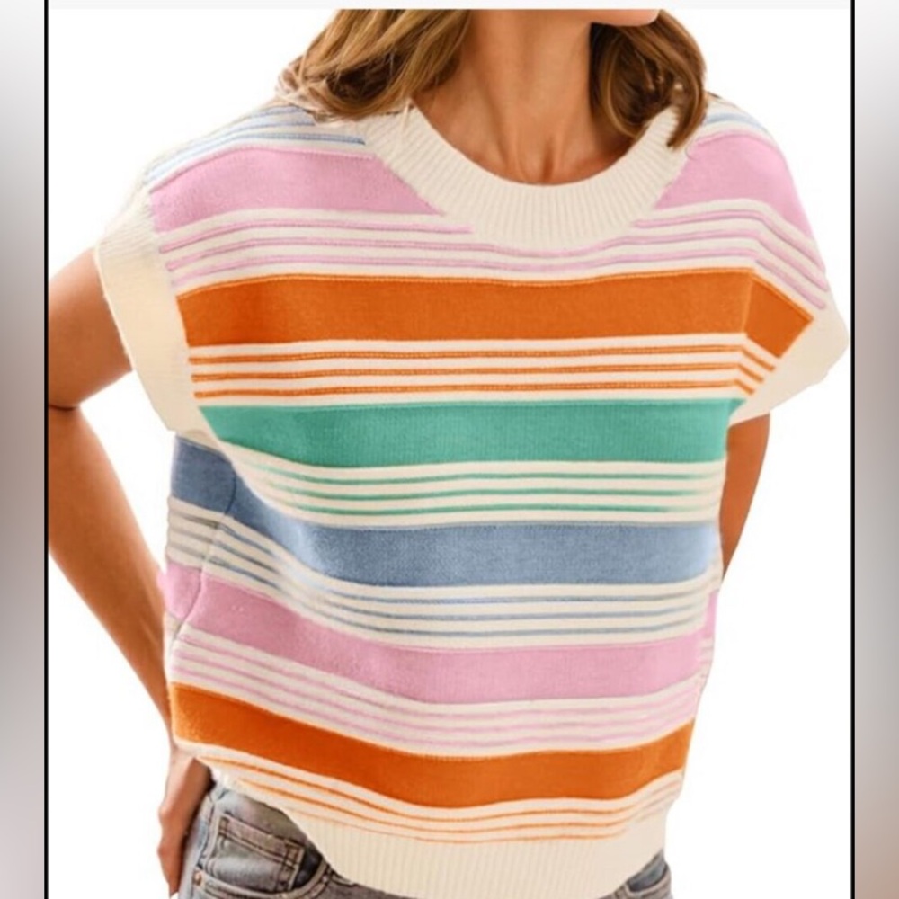 Cap Sleeve Sweater Vest Striped Color Block Loose Knit Tank Top Summer Top